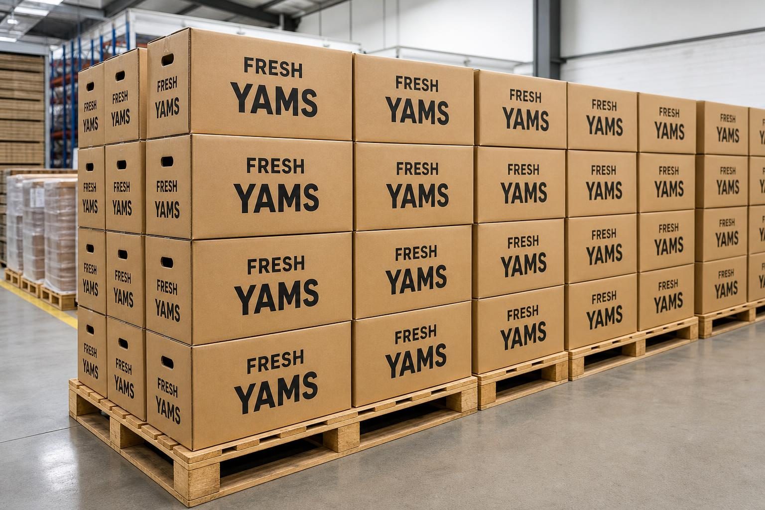 Stacked Fresh Yams cardboard boxes ready for export